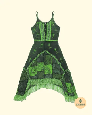 Bohemian Patchwork Lace-Up Dress.