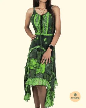 Bohemian Patchwork Lace-Up Dress.