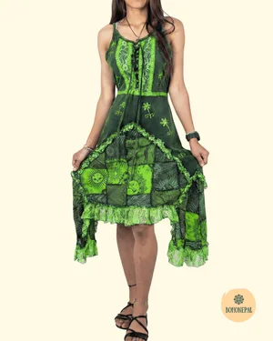 Bohemian Patchwork Lace-Up Dress.