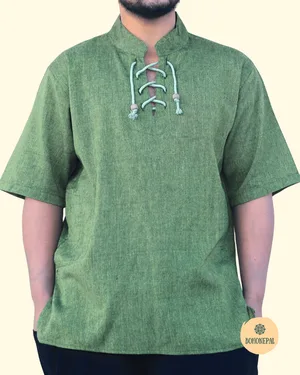Handmade Cotton lace-up short-sleeve shirt