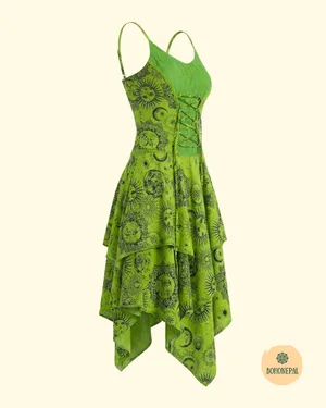Celestial Sun & Moon Lace-Up Handkerchief Hem Dress
