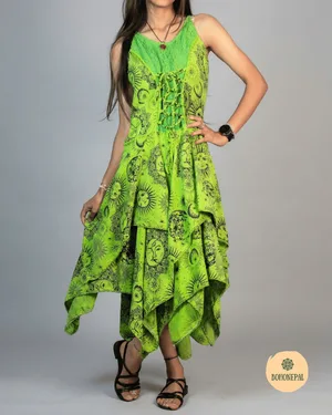 Celestial Sun & Moon Lace-Up Handkerchief Hem Dress