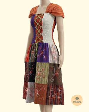 Bohemian Patchwork Corset-Style Midi Dress