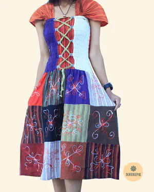 Bohemian Patchwork Corset-Style Midi Dress