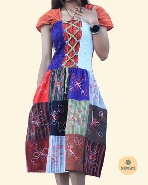 Bohemian Patchwork Corset-Style Midi Dress