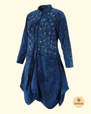 Embroidered Blue Acid-Wash Tunic