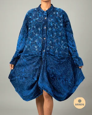 Embroidered Blue Acid-Wash Tunic