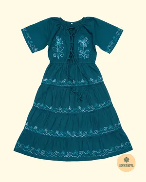 Teal Embroidered Tiered Boho Dress