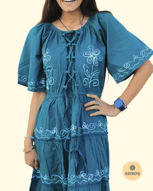 Teal Embroidered Tiered Boho Dress