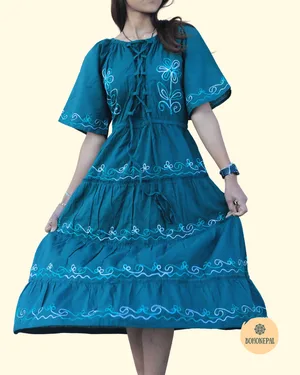 Teal Embroidered Tiered Boho Dress