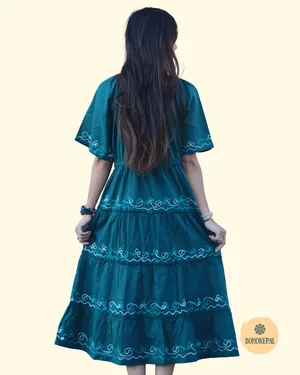 Teal Embroidered Tiered Boho Dress